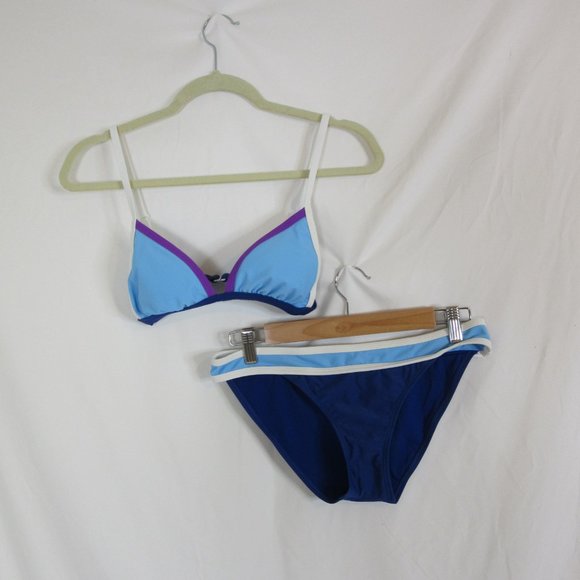 Bikini 2 Piece Top And Bottoms Blue Purple White Color Block Size Small - Picture 1 of 8